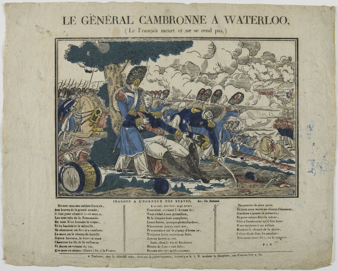 Louis Abadie imagerie ancienne LE GENERAL CAMBRONNE A WATERLOO,  ( Le Français meurt et ne se rend pas, ) Toulouse 1824-1829 1986.81.29 Photo RMN-Grand Palais (Mucem)