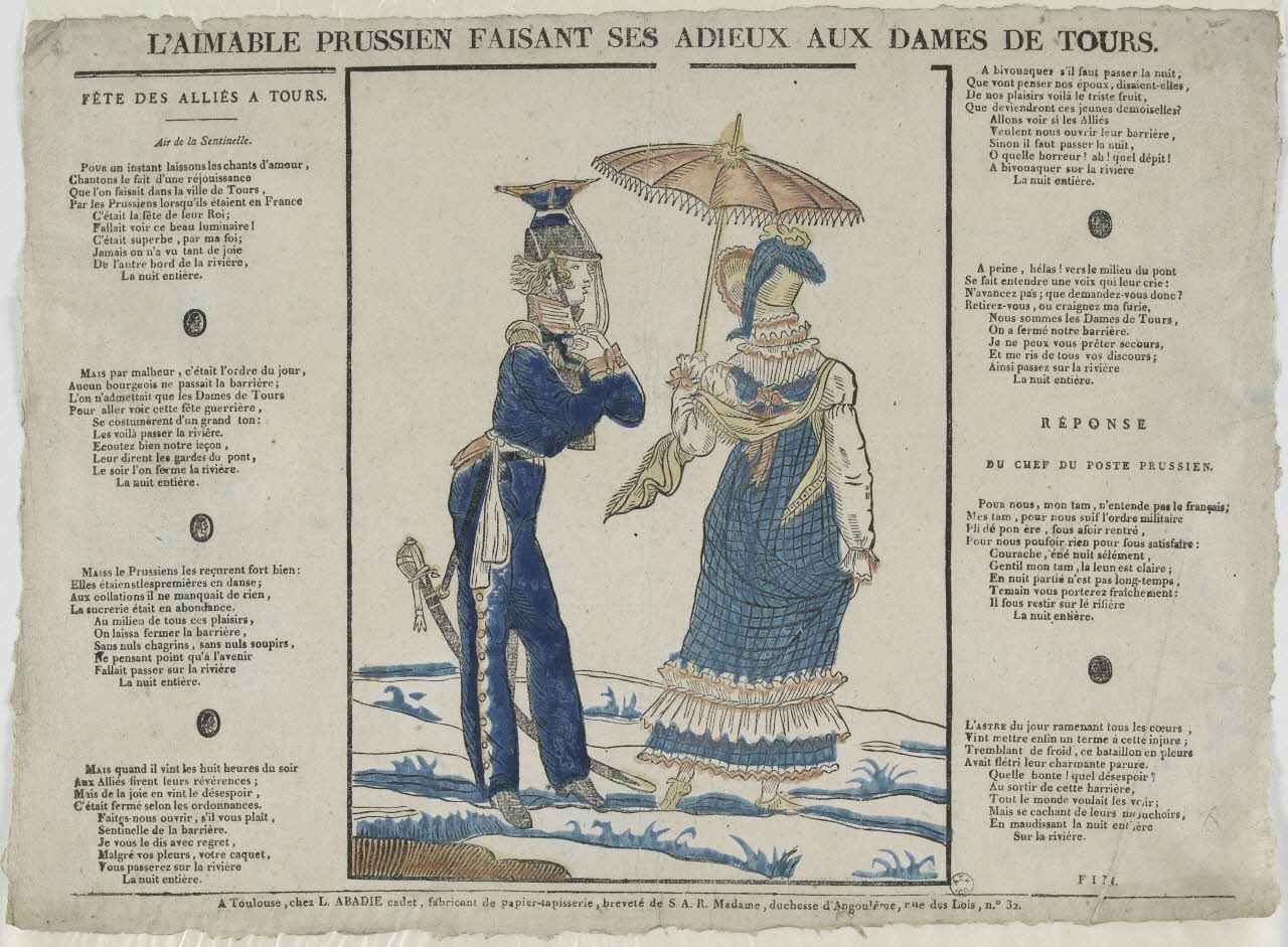 Louis Abadie imagerie ancienne L'AIMABLE PRUSSIEN FAISANT SES ADIEUX AUX DAMES DE TOURS. Toulouse 1815-1823 1965.75.827 Photo RMN-Grand Palais (Mucem)