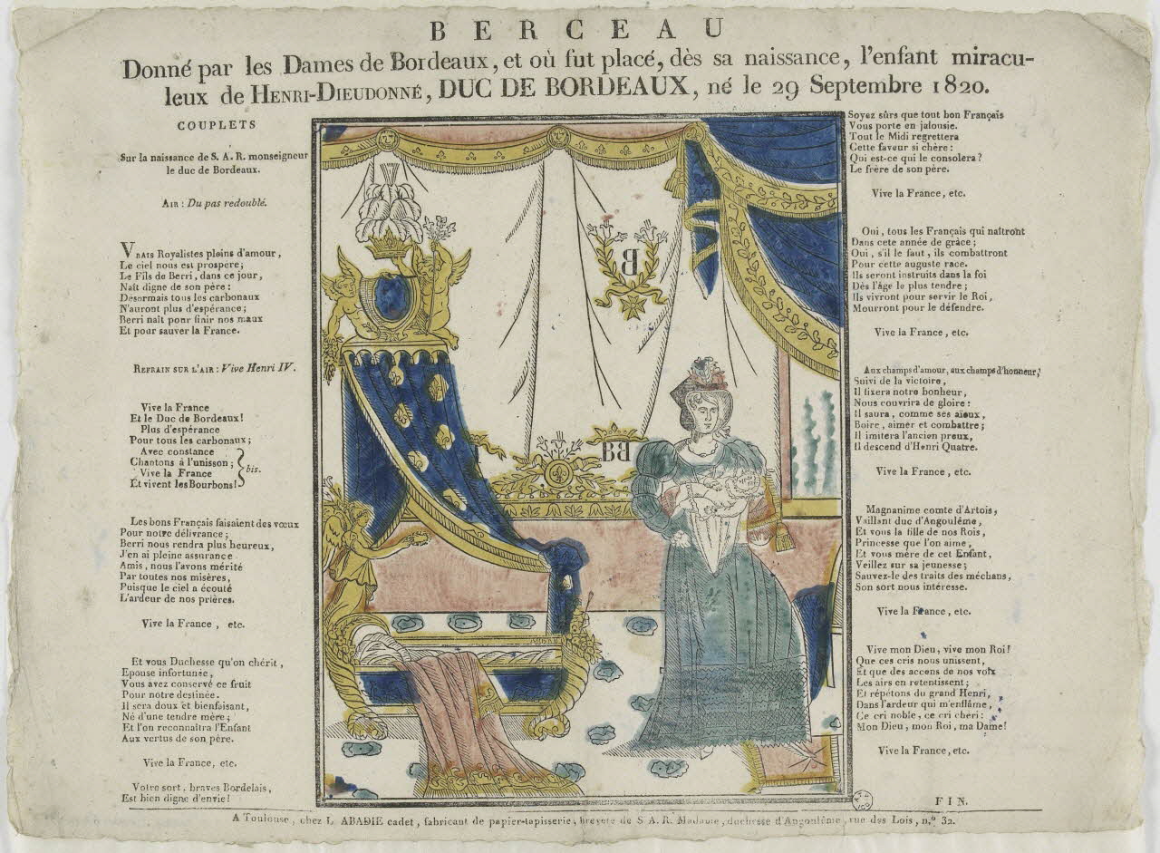 Louis Abadie imagerie ancienne BERCEAU  Donné par les Dames de Bordeaux, et où fut placé, dès sa naissance, l'enfant miracu-  leux de HENRI-DIEUDONNE, DUC DE BORDEAUX, né le 29 Septembre 1820. Toulouse 1820 1965.75.835 Photo RMN-Grand Palais (Mucem)