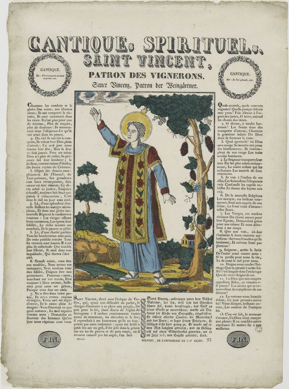 Boulay , Charles ; Jean-Pierre Clerc imagerie ancienne CANTIQUEs SPIRITUELs.  SAINT VINCENT.  PATRON DES VIGNERONS. Belfort 1830-1836 1965.75.42 Photo RMN-Grand Palais (Mucem)