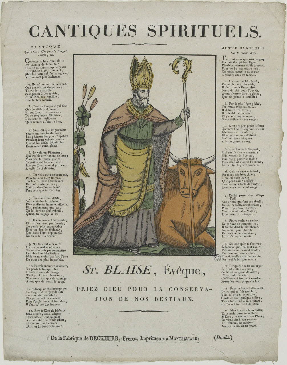 Théophile- Frédéric Deckherr ; Rodolphe Henri Deckherr imagerie ancienne CANTIQUES SPIRITUELS.  ST. BLAISE, Evêque,  PRIEZ DIEU POUR LA CONSERVA-  TION DE NOS BESTIAUX. Montbéliard 1813-1837 1965.75.700 Photo RMN-Grand Palais (Mucem)