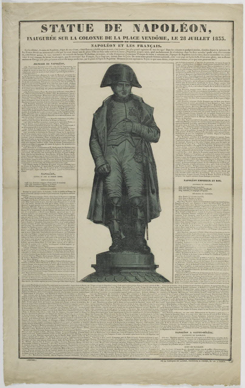 Jean-Baptiste Thiébault ; Hubert Jacques-Prosper-Stanislas,  Lacour Pr imagerie ancienne STATUE DE NAPOLEON,  INAUGUREE SUR LA COLONNE DE LA PLACE VENDOME, LE 28 JUILLET 1833. Nancy 1833 1951.72.38 Photo RMN-Grand Palais (Mucem)