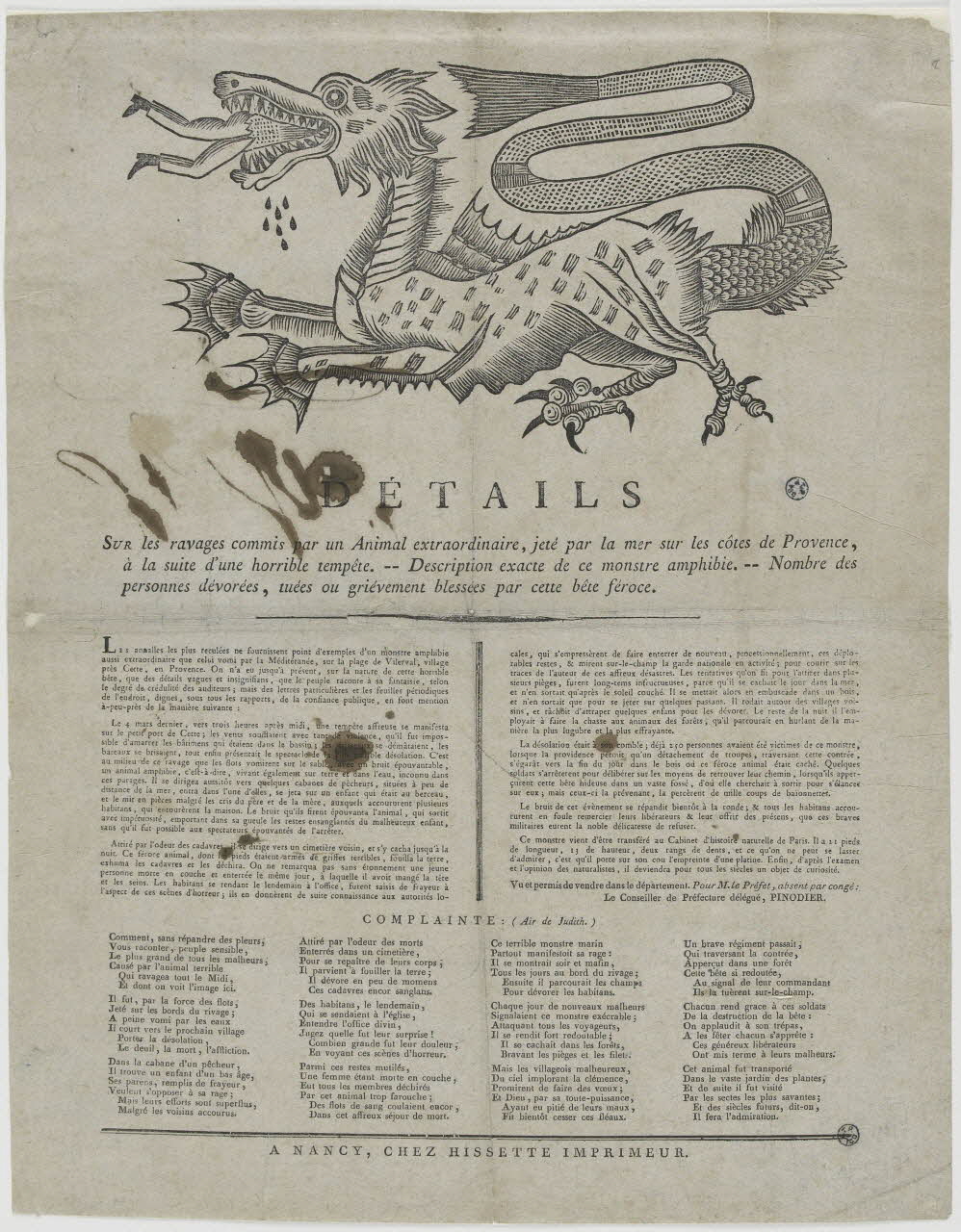 Hissette imagerie ancienne DETAILS  Sur les ravages commis par un Animal extraordinaire, jeté par la mer sur les côtes de Provence,  à la suite d'une horrible tempête. Nancy 1825-1835 1952.39.30 Photo RMN-Grand Palais (Mucem)