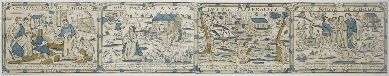 Raphaël ; Jean-Baptiste Letourmy imagerie ancienne CONSTRUCTION DE L'ARCHE  DIEU PARLANT A NOE  DELUGE UNIVERSELLE  NOE SORTIE DE L'ARCHE (sic) Orléans 1774-1800 1995.11.1 Photo RMN-Grand Palais (Mucem)