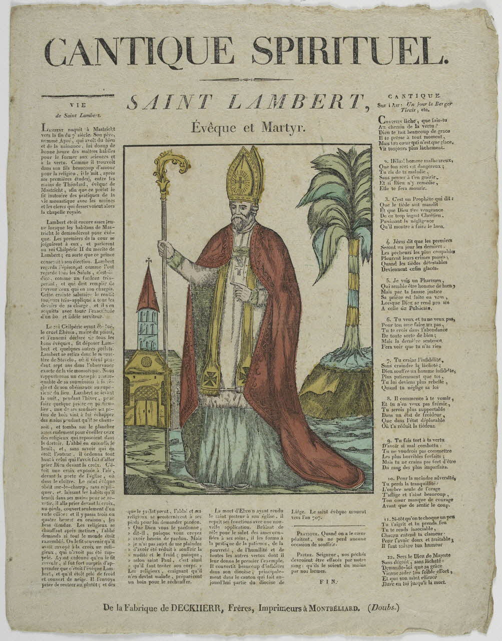 Théophile- Frédéric Deckherr ; Rodolphe Henri Deckherr imagerie ancienne CANTIQUE SPIRITUEL.  SAINT LAMBERT,  Evêque et Martyr. Montbéliard 1813-1837 1986.81.71 Photo RMN-Grand Palais (Mucem)