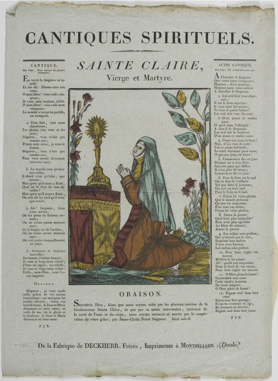 Théophile- Frédéric Deckherr ; Rodolphe Henri Deckherr imagerie ancienne CANTIQUES SPIRITUELS.  SAINTE CLAIRE,  Vierge et Martyre. Montbéliard 1813-1837 1986.81.72 Photo RMN-Grand Palais (Mucem)