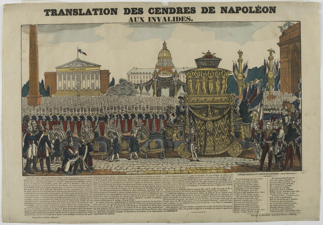 Nicolas Pellerin ; Vadet Pierre-Germain imagerie ancienne TRANSLATION DES CENDRES DE NAPOLEON  AUX INVALIDES. Lorraine, France 1840 1965.75.252 Photo RMN-Grand Palais (Mucem)