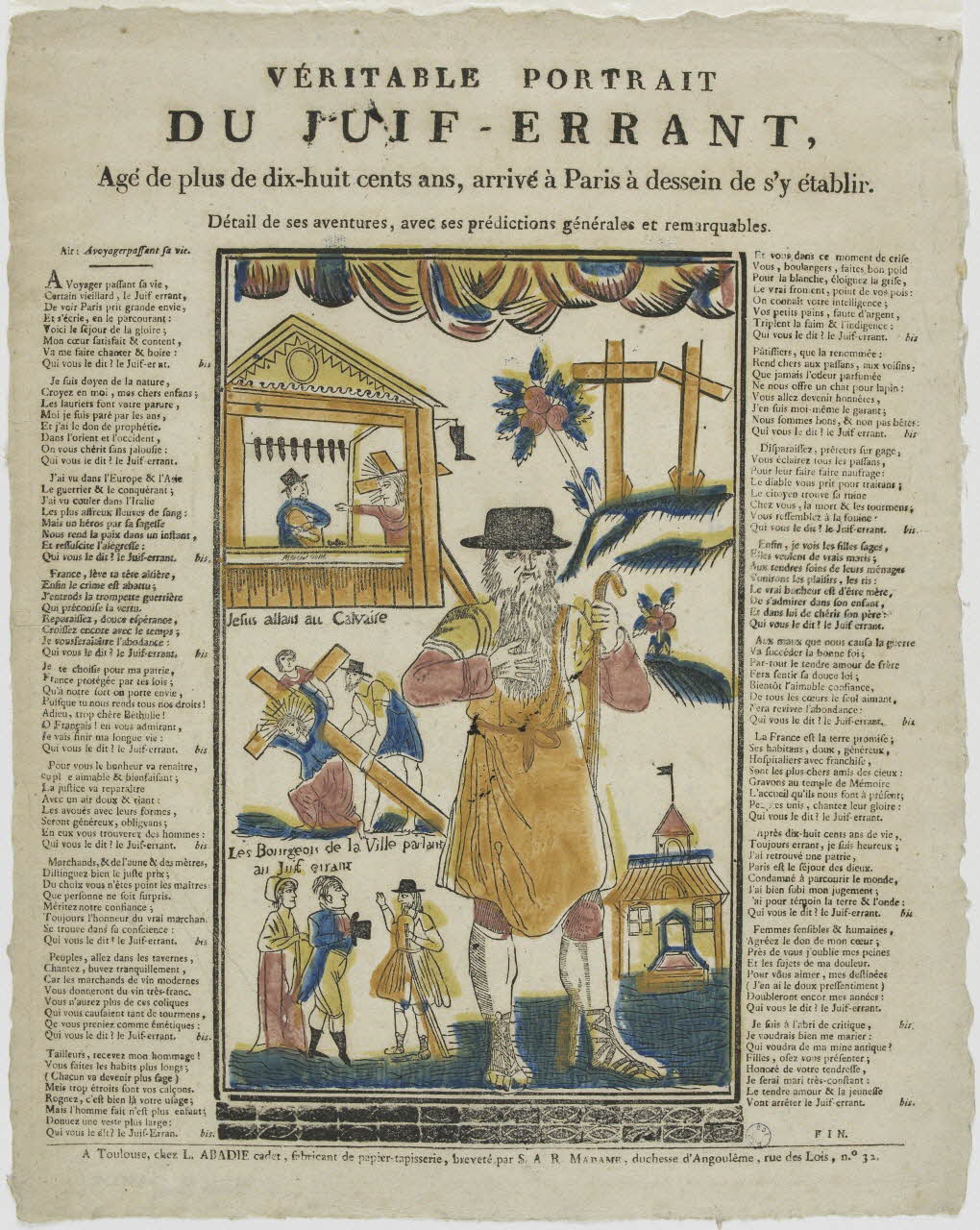 Louis Abadie imagerie ancienne VERITABLE PORTRAIT  DU JUIF-ERRANT,  Agé de plus de dix-huit cents ans, arrivé à Paris à dessein de s'y établir.  Détail de ses aventures, avec ses prédictions générales et remarquables. Toulouse 1815-1823 1988.4.12 Photo RMN-Grand Palais (Mucem)