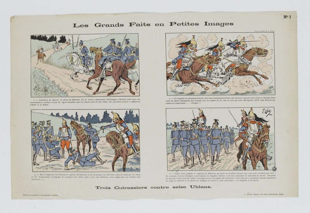 Lafon F ; Lasnier A. à compartiments (2x2) Les Grands Faits en Petites Images  Trois Cuirassiers contre seize Uhlans. Paris 1914 1950.39.1935 Photo RMN-Grand Palais (Mucem)