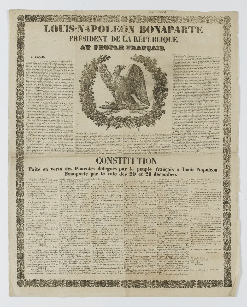 Antoine Chassaignon estampe LOUIS-NAPOLEON BONAPARTE  PRESIDENT DE LA REPUBLIQUE,  AU PEUPLE FRANÇAIS. Paris 1852 1950.39.814 Photo RMN-Grand Palais (Mucem)