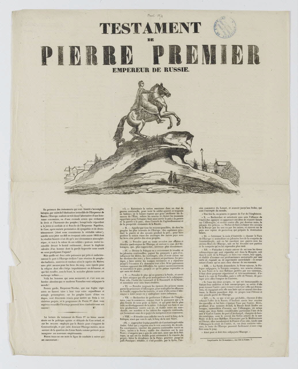 Antoine Chassaignon estampe TESTAMENT DE PIERRE PREMIER EMPEREUR DE RUSSIE. Paris 1854 1950.39.842  Photo RMN-Grand Palais (Mucem)