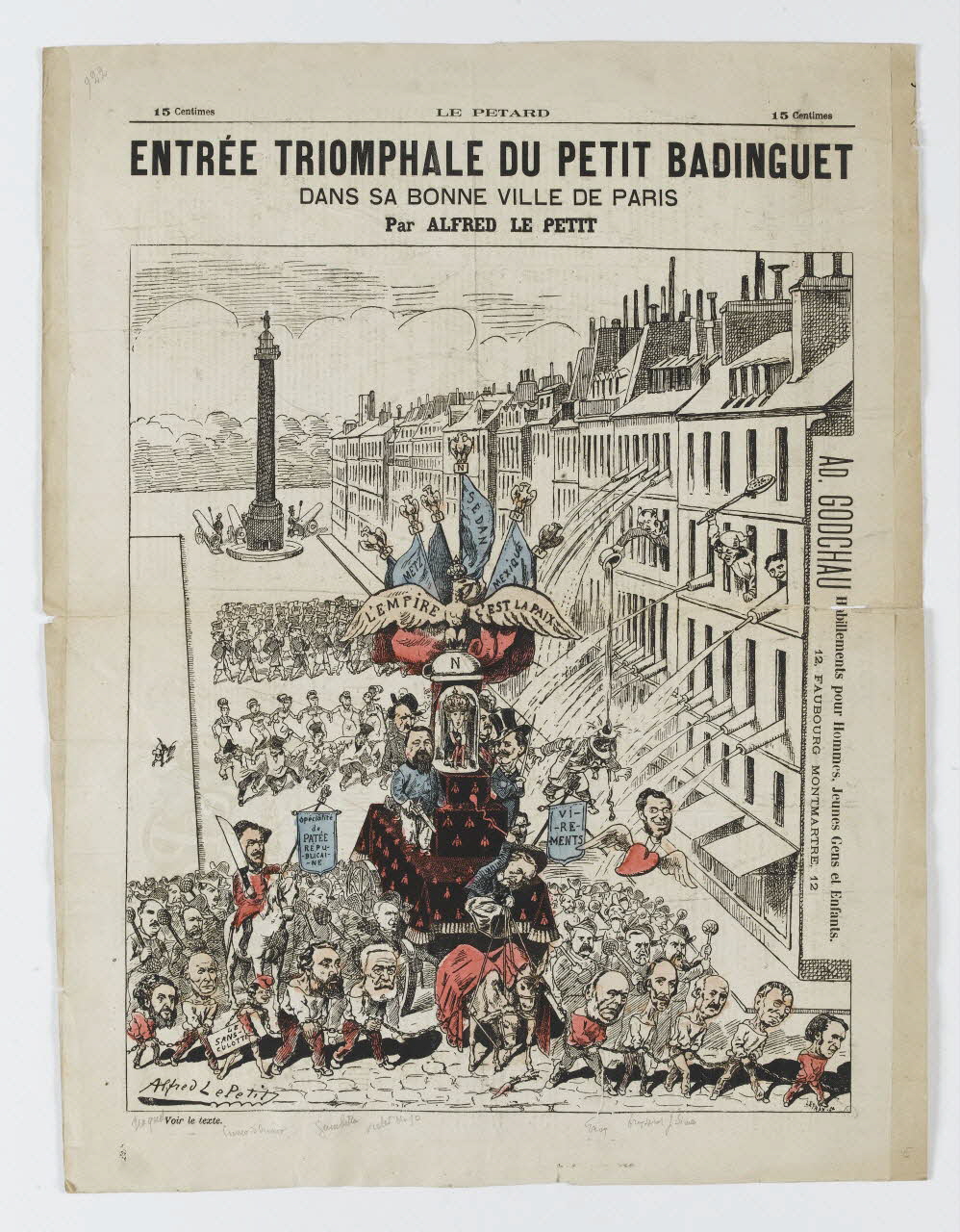 caricature LE PETARD  ENTREE TRIOMPHALE DU PETIT BADINGUET  DANS SA BONNE VILLE DE PARIS  Par ALFRED LE PETIT 1950.39.889 Photo RMN-Grand Palais (Mucem)