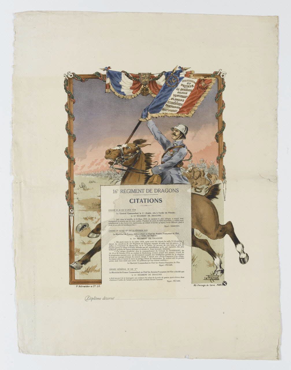 Pallic Le ; Schneider P. estampe 16E REGIMENT DE DRAGONS  CITATIONS Paris 1918 1950.39.1979 Photo RMN-Grand Palais (Mucem)