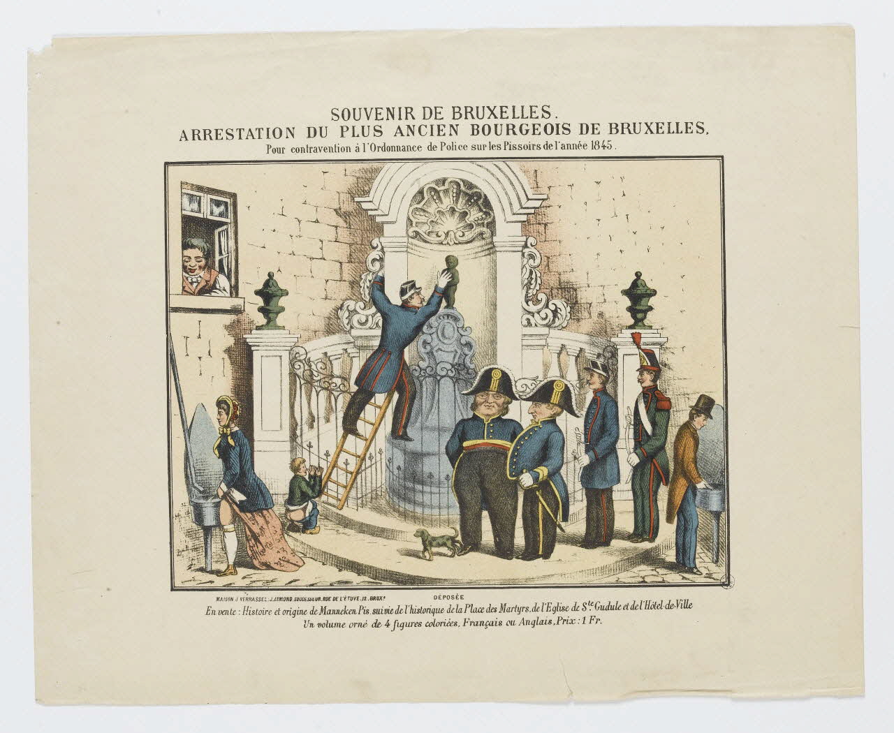 Verrassel J. ; Aymond J. estampe SOUVENIR DE BRUXELLES.  ARRESTATION DU PLUS ANCIEN BOURGEOIS DE BRUXELLES. Bruxelles 1845 1951.16.355 Photo RMN-Grand Palais (Mucem)