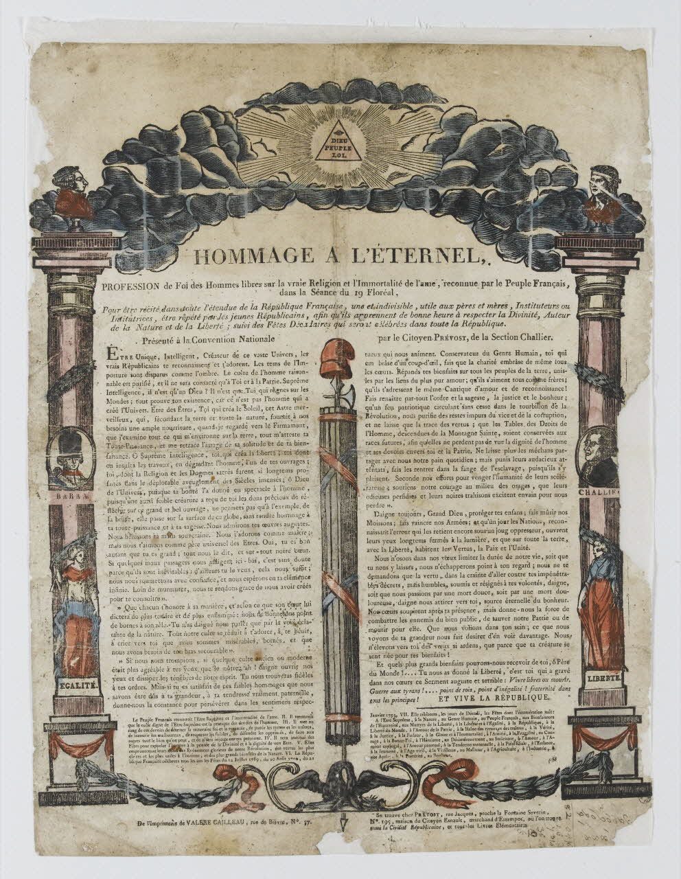 Prévost ; Cailleau Valère imagerie ancienne HOMMAGE A L'ÉTERNEL,  PROFESSION de Foi des Hommes libres sur la vraie Religion et l'Immortalité de l'ame, reconnue, par le Peuple Français,  dans la Séance du 19 Floréal, Paris 1793 1952.63.7 Photo RMN-Grand Palais (Mucem)