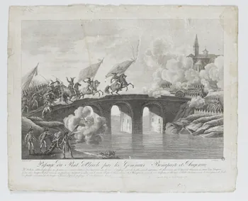 Nodet ; Jean imagerie ancienne Paysage du Pont d'Arcole par les Généraux Bonaparte et Augereau. Paris 1798-1806 1966.112.4  Photo RMN-Grand Palais (Mucem)