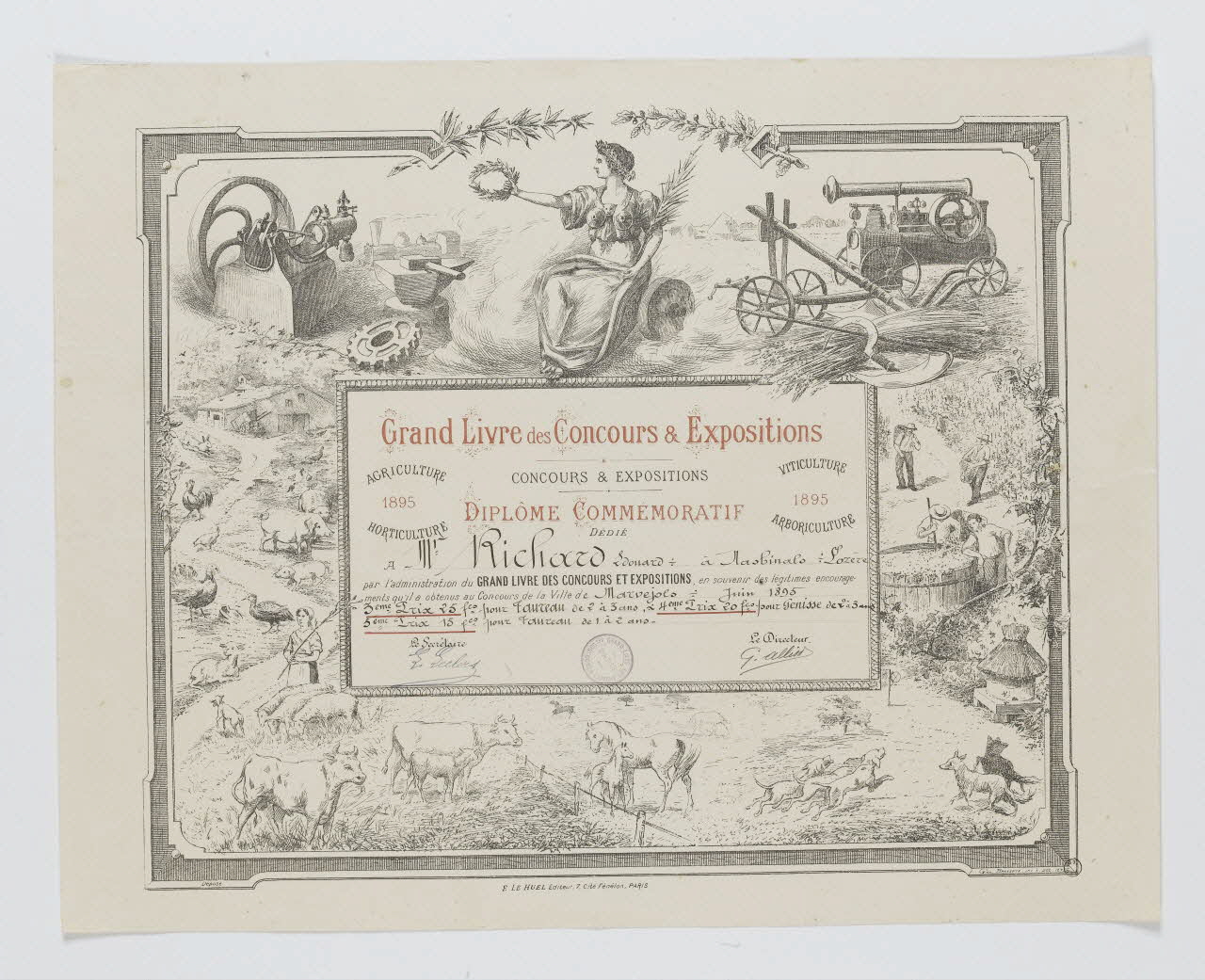 Brasseur Georges ; Le Huel estampe Grand Livre des Concours & Expositions  DIPLOME COMMEMORATIF Paris 1895 1966.66.224 Photo RMN-Grand Palais (Mucem)