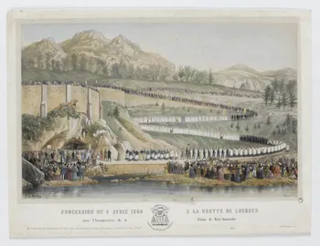 C. de Séguin ; François Fortuné Antoine Férogio ; Monrocq (imprimeu estampe PROCESSION DU 4 AVRIL 1864 A LA GROTTE DE LOURDES  pour l'Inauguration de la Statue de Marie Immaculée. Midi-Pyrénées, France 1864 1968.66.12 Photo RMN-Grand Palais (Mucem)