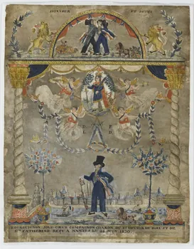 Etienne Leclair estampe BOURGUIGNON JOLY-COEUR COMPAGNON CHARON DU ST. DEVOIR DE DIEU ET DE  STE. CATHERINE REÇU A NANTES LE 24 JUIN 1830. 1825-1835 1969.4.1 Photo RMN-Grand Palais (Mucem)
