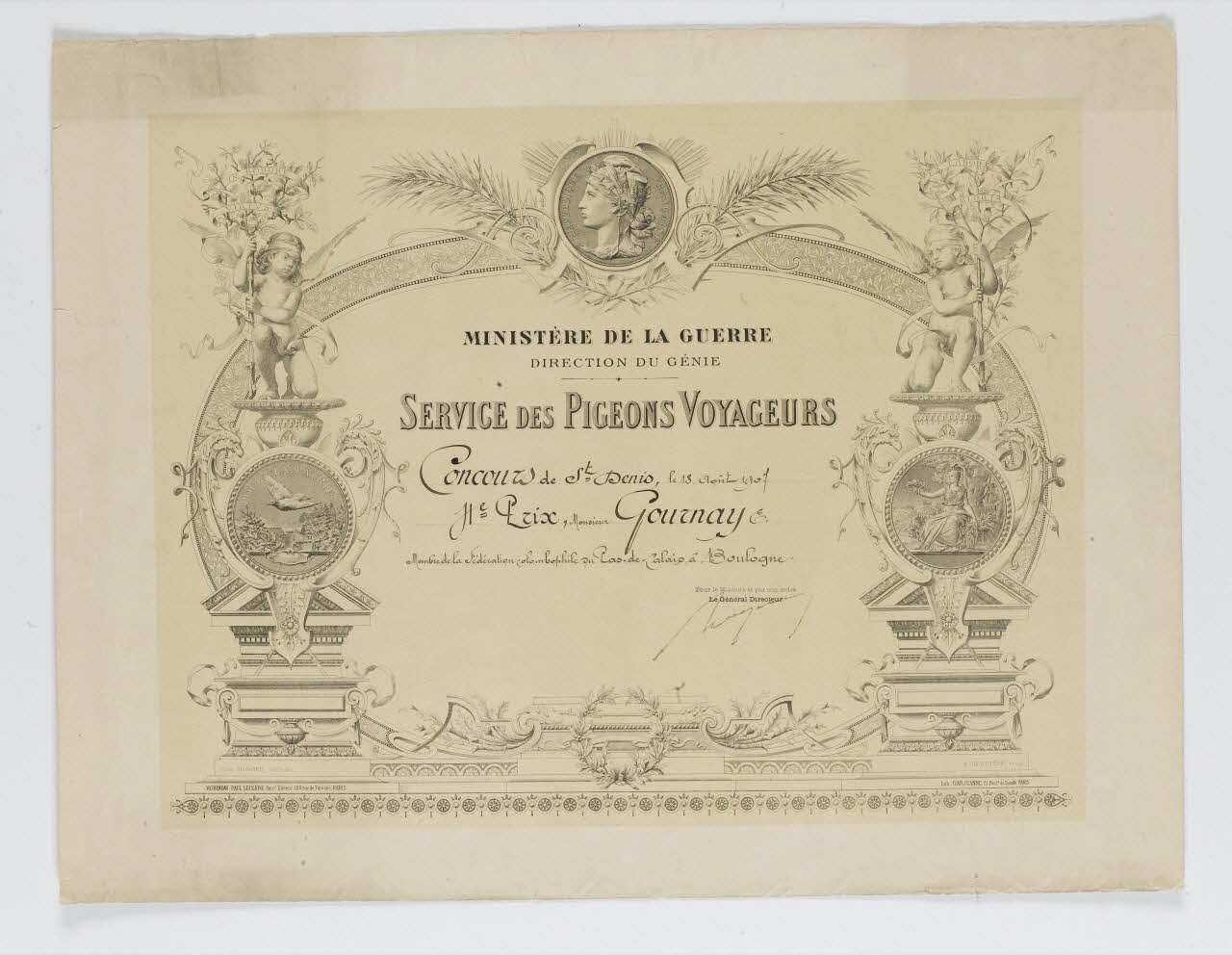 Danger henri ; Meyère A. de ; Robineau ; Gar estampe SERVICE DES PIGEONS VOYAGEURS Paris 1907 1969.2.4 Photo RMN-Grand Palais (Mucem)