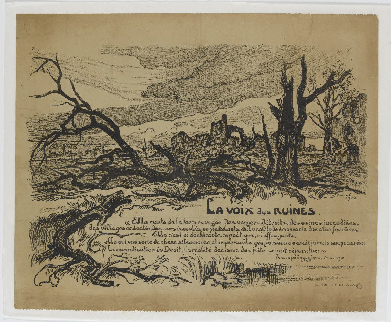 Prouvé Victor Emile ; Berger-Levrault estampe LA VOIX des RUINES. Paris 1918 1972.16.3 Photo RMN-Grand Palais (Mucem)