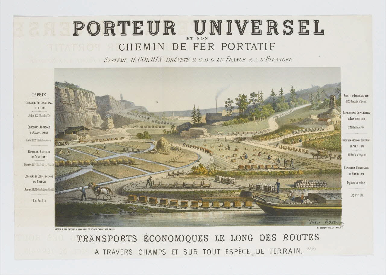 Rose Victor estampe PORTEUR UNIVERSEL  ET SON  CHEMIN DE FER PORTATIF Paris 1874 1977.4.42 Photo RMN-Grand Palais (Mucem)