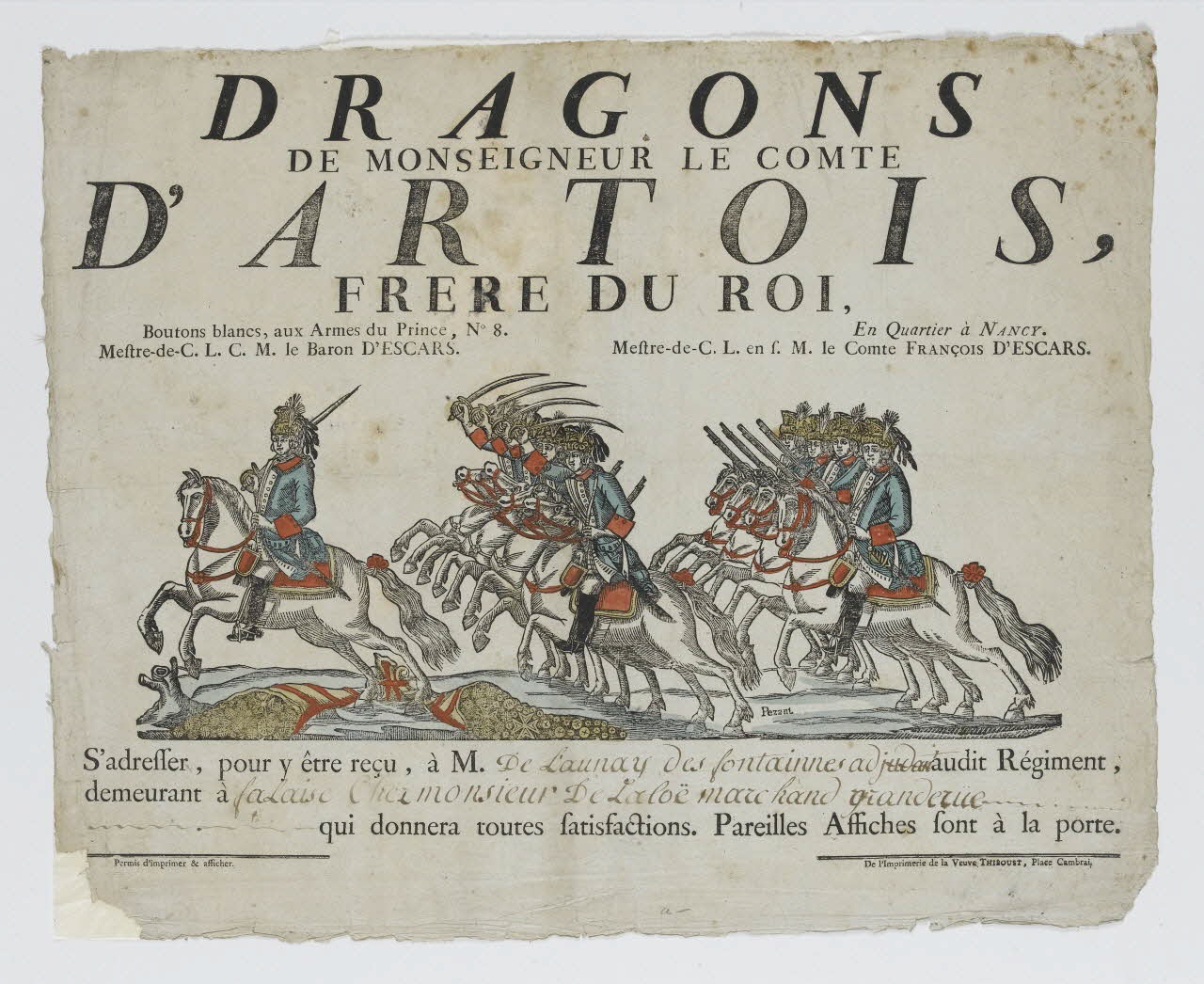 Pezant Vincent ; Thiboust veuve imagerie ancienne DRAGONS  DE MONSEIGNEUR LE COMTE  D'ARTOIS, FRERE DU ROI Ile de france, France 1774-1789 1985.59.12 Photo RMN-Grand Palais (Mucem)