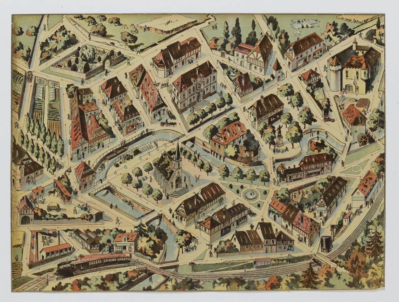 jeu de parcours Vue aérienne d'un village 1991.16.11  Photo RMN-Grand Palais (Mucem)