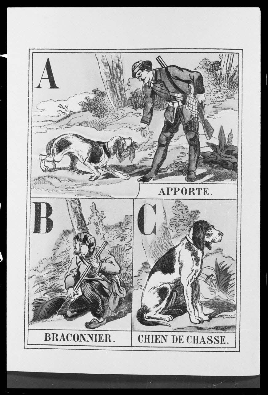 photographie "Alphabet de chasse". Maison Pellerin à Epinal. Illustration d'abécédaire : scène de chasse, chien et braconnier Ph.1986.24.1 Photo