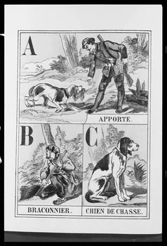 photographie "Alphabet de chasse". Maison Pellerin à Epinal. Illustration d'abécédaire : scène de chasse, chien et braconnier Ph.1986.24.1  Photo