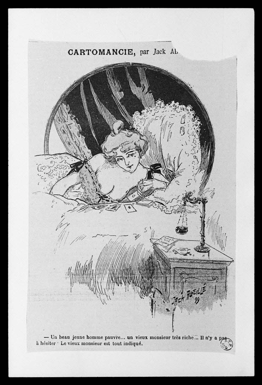 photographie Estampe accompagnée d'un texte datée de 1899 concernant la cartomancie. Par Jack Abeillé. Typographie noir et blanc Ph.1986.2.14 Photo