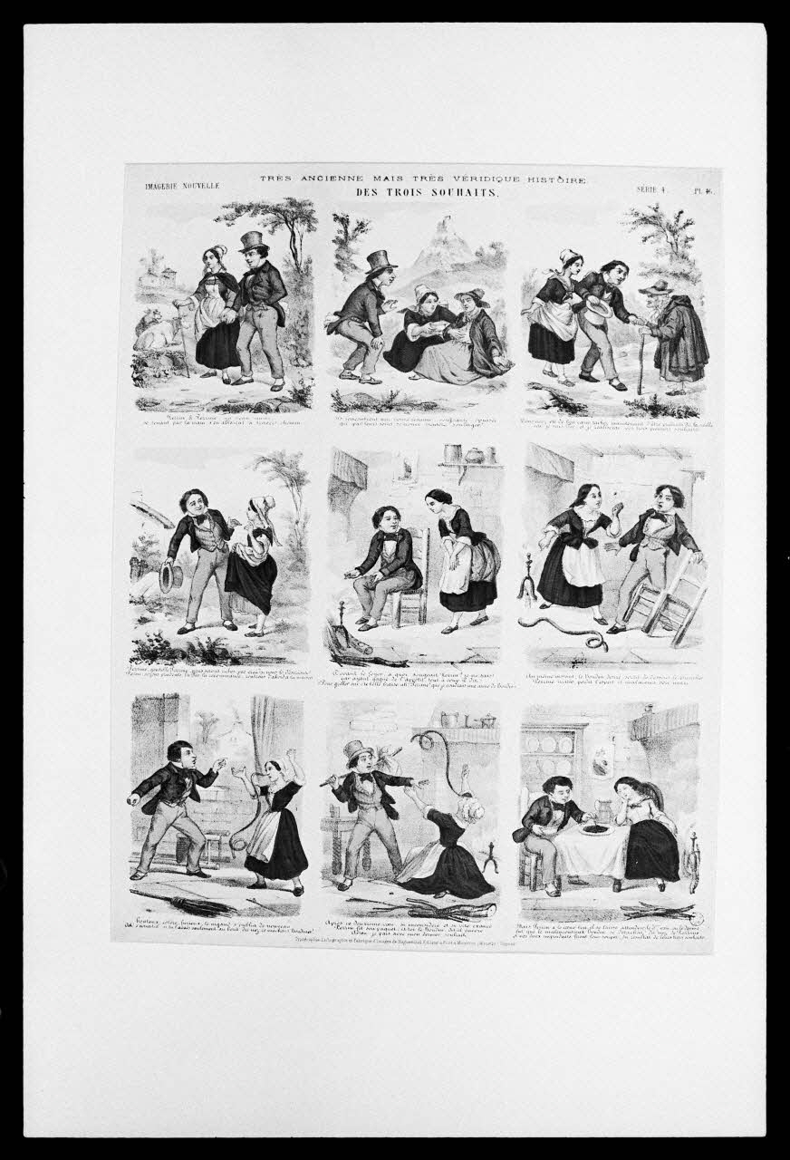 photographie "Histoire des trois souhaits". Estampe accompagnée d'un texte (9 vignettes). Lithographie couleur. Maison Haguenthal à Pont-à-Mousson Ph.1986.2.15 Photo