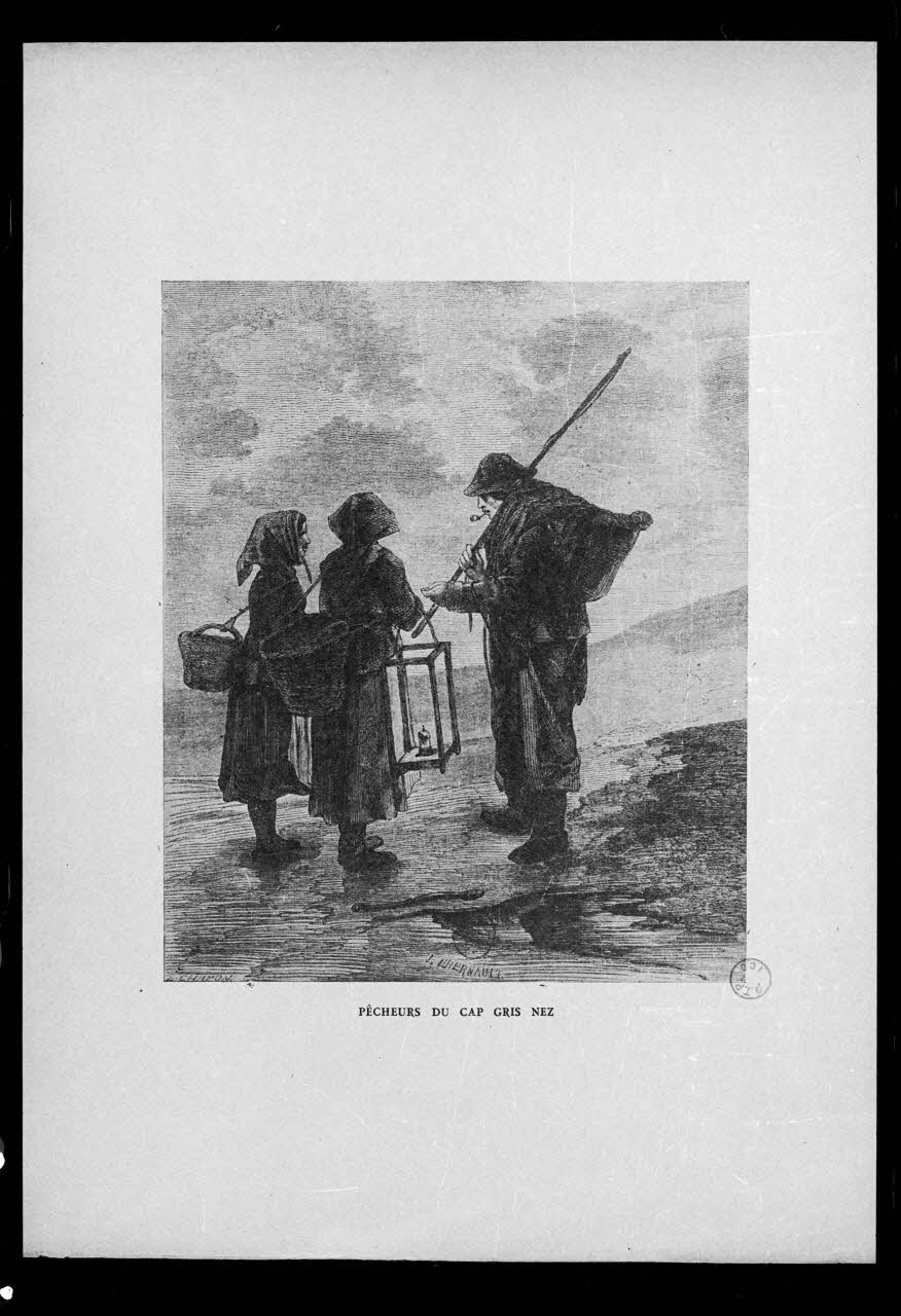 photographie "Pêcheurs du Cap Gris-Nez". Estampe datée du 19è siècle. Lithographie noir et blanc. Par Chapon et Lhernault Ph.1986.2.162 Photo