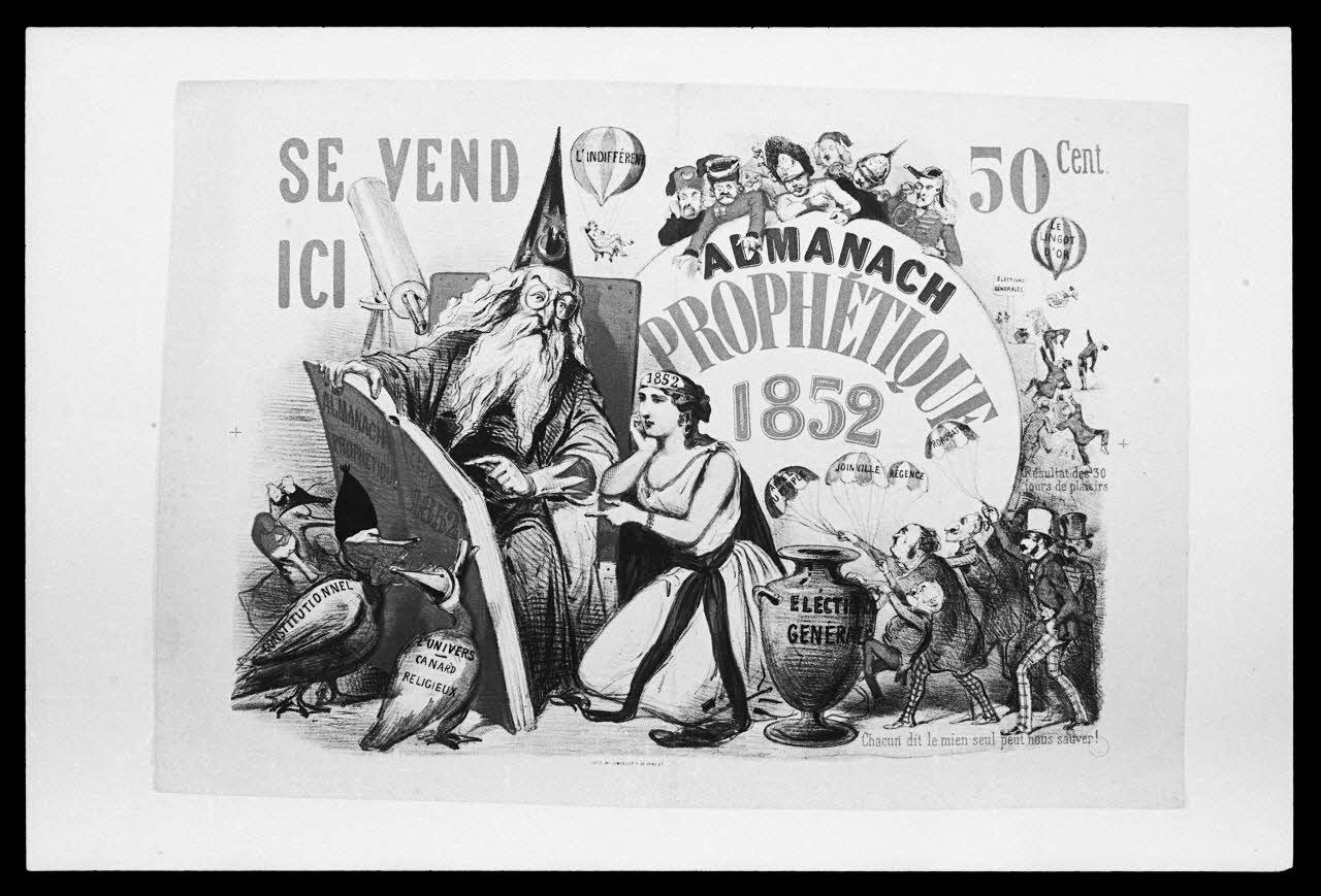 photographie "Almanach prophétique". Affiche publicitaire de 1852. Lithographie couleur avec typographie. Maison Lemercier à Paris Ph.1986.2.32 Photo