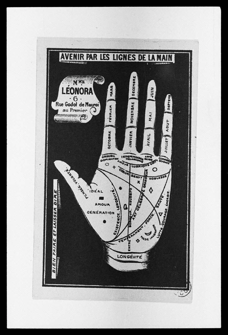 photographie "Avenir par les lignes de la main". Carte publicitaire. Procédé industriel noir et blanc Ph.1986.2.44 Photo