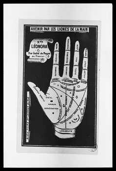photographie "Avenir par les lignes de la main". Carte publicitaire. Procédé industriel noir et blanc Ph.1986.2.44 Photo
