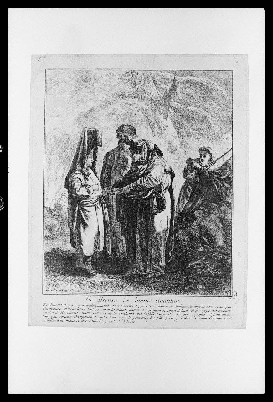 photographie "La diseuse de bonne aventure". Estampe accompagnée d'un texte. Datée de 1764. In "Le prince". Eau forte noir et blanc Ph.1986.2.48 Photo