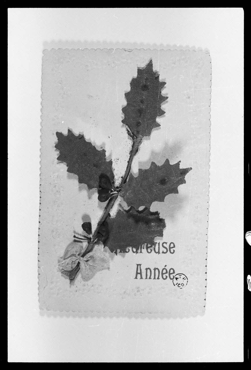 photographie Carte de vœux pour la nouvelle année, à décor de branche de houx. Tissus sur bristol Ph.1986.2.58 Photo