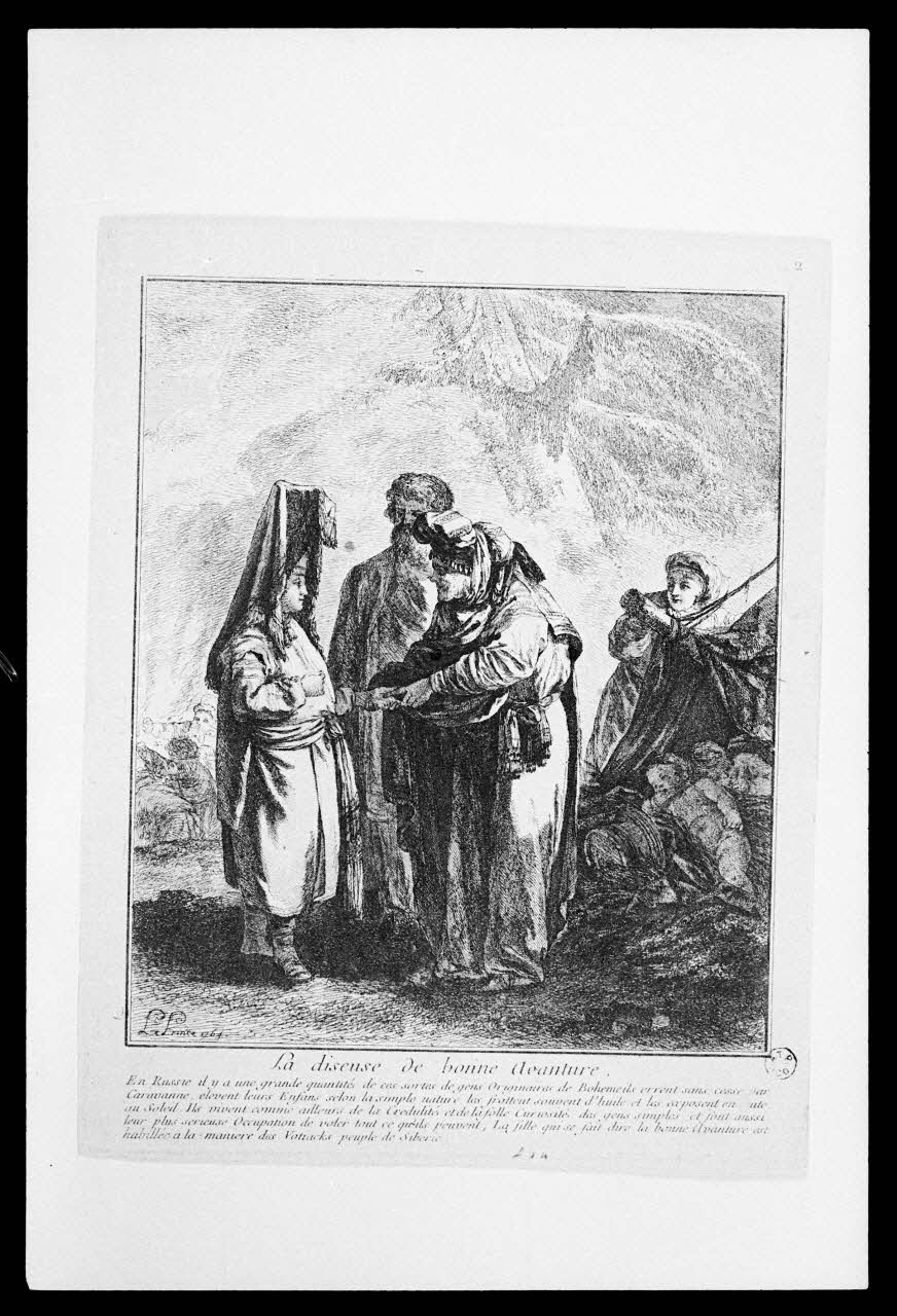 photographie "La diseuse de bonne aventure et le prince". Estampe accompagnée d'un texte. Cuivre noir et blanc Ph.1986.2.6 Photo