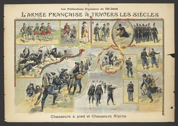 Le Petit Journal affiche L'ARMEE FRANCAISE A TRAVERS LES SIECLES  Chasseurs à pied et Chasseurs Alpins Paris 1907 2001.61.31 Photo RMN-Grand Palais (Mucem)