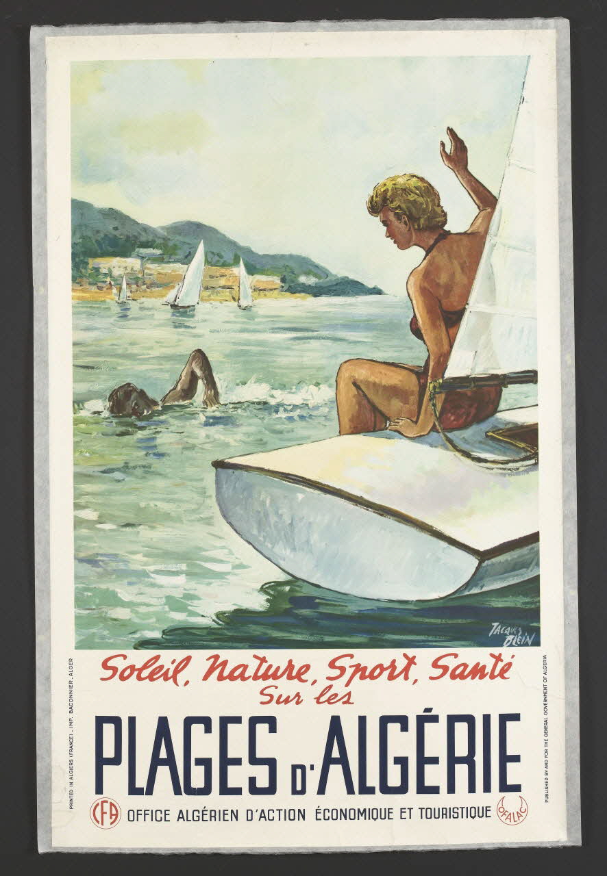 Jacques Blein ; Imprimerie Baconnier affiche Soleil, Nature, Sport, Santé  Sur les  PLAGES D'ALGÉRIE Alger 1945-1955 2002.91.7 Photo RMN-Grand Palais (Mucem)