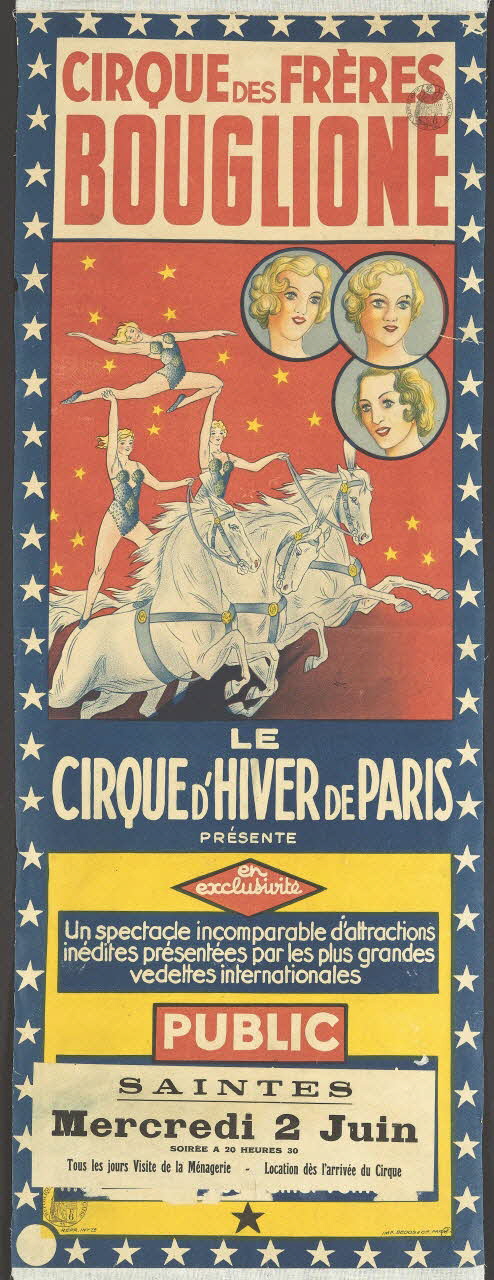 Gustave Soury ; Bedos Et Cie affiche CIRQUE DES FRÈRES  BOUGLIONE Paris 1948 1955.46.112 Photo RMN-Grand Palais (Mucem)