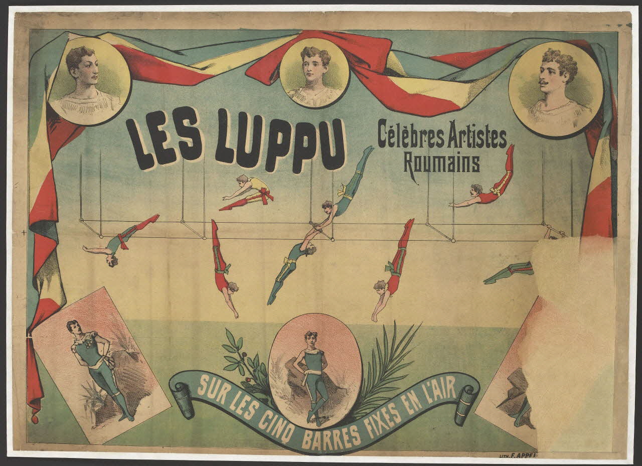 affiche LES LUPPU  Célèbres Artistes  Roumains  SUR LES CINQ BARRES FIXES EN L'AIR 1955.46.61 Photo RMN-Grand Palais (Mucem)