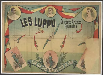 affiche LES LUPPU  Célèbres Artistes  Roumains  SUR LES CINQ BARRES FIXES EN L'AIR 1955.46.61 Photo RMN-Grand Palais (Mucem)