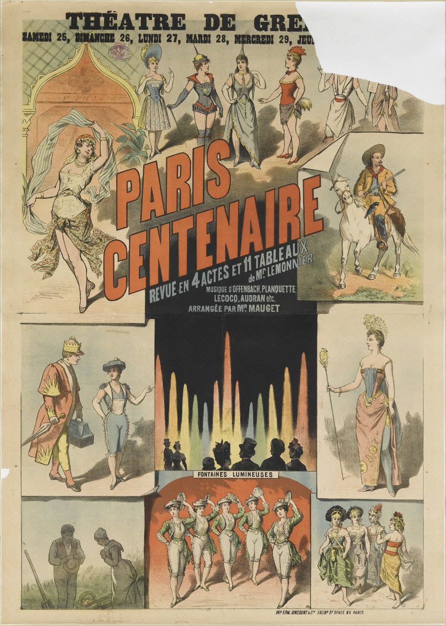 affiche THEÂTRE DE GRE[échoppé]  PARIS  CENTENAIRE  REVUE EN 4 ACTES ET 11 TABLEAUX  de Mr. LEMONNIER 1961.18.88 Photo RMN-Grand Palais (Mucem)