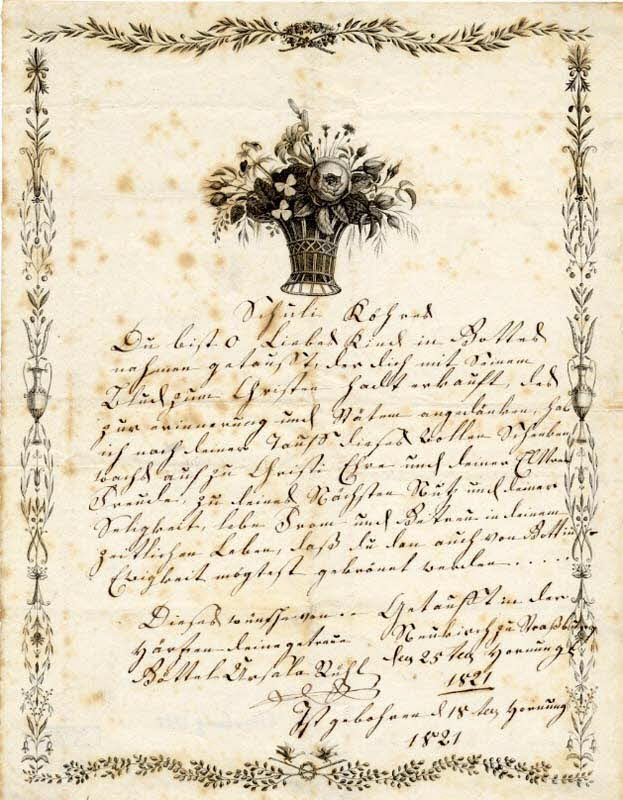 Lühl Ursula lettre de baptême Lettre en allemand Alsace, France 1821 1988.52.5  Photo