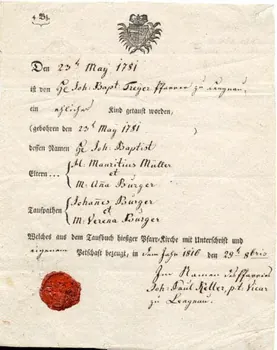 Johann Paul Keller certificat de baptême Den 23t May 1781 Lengnau 1816 1988.52.12 Photo