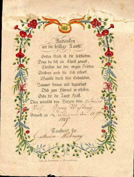 Brossmann ; Georg Wehrung lettre de baptême Andenken  an die heilige Taufe. Wissembourg 1845 1988.52.22 Photo