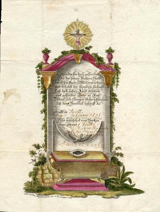 Hierthes ; Johannes Krahn lettre de baptême Jesus der für dich gestorben Wissembourg 1759 1988.52.37 Photo