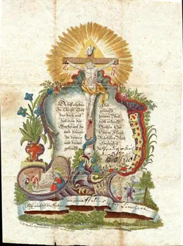 Hierthes ; Georg Lienhard lettre de baptême Du bift o liebes Kind Alsace, France 1759 1988.52.39 Photo